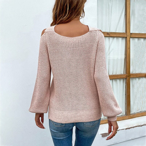Cross Halter Cold Shoulder Knitted Sweater Apparel prettychix 