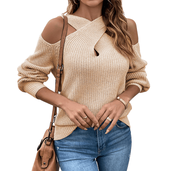 Cross Halter Cold Shoulder Knitted Sweater Apparel prettychix Moccasin L 