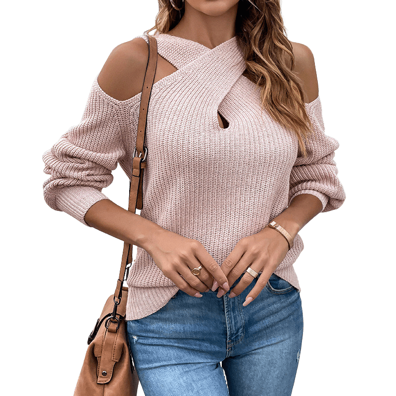 Cross Halter Cold Shoulder Knitted Sweater Apparel prettychix Pink L 