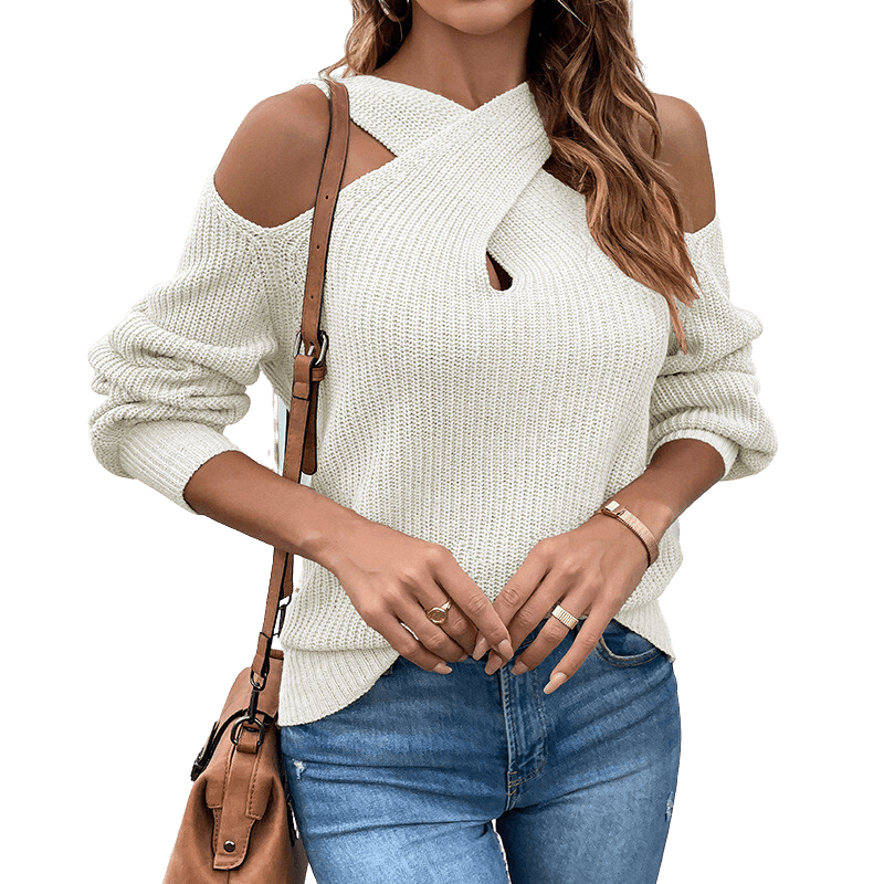 Cross Halter Cold Shoulder Knitted Sweater Apparel prettychix White L 