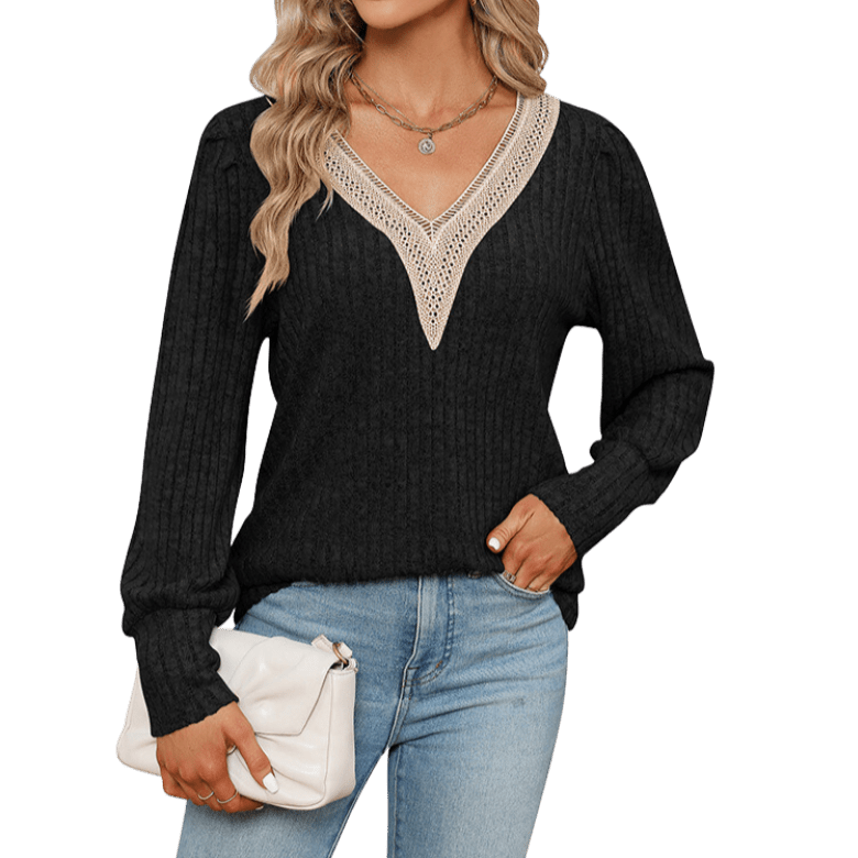 Lace Trimmed V-Neck Sweater Apparel prettychix Black L 