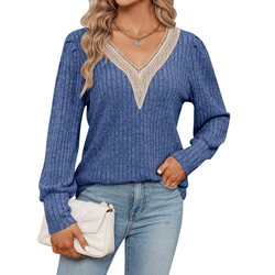 Lace Trimmed V-Neck Sweater Apparel prettychix DarkBlue L 