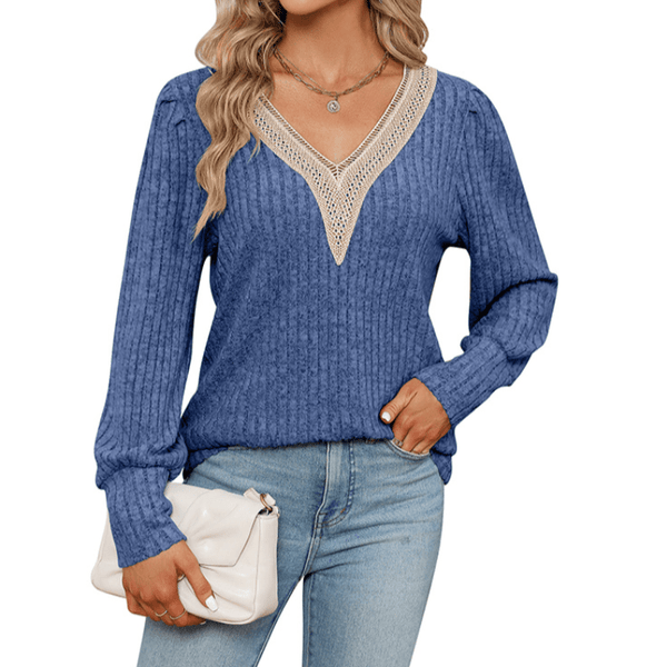 Lace Trimmed V-Neck Sweater Apparel prettychix DarkBlue L 