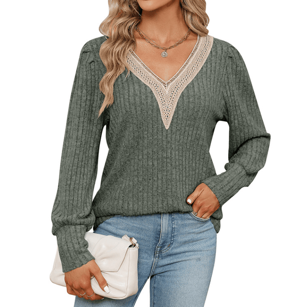 Lace Trimmed V-Neck Sweater Apparel prettychix DarkOliveGreen L 