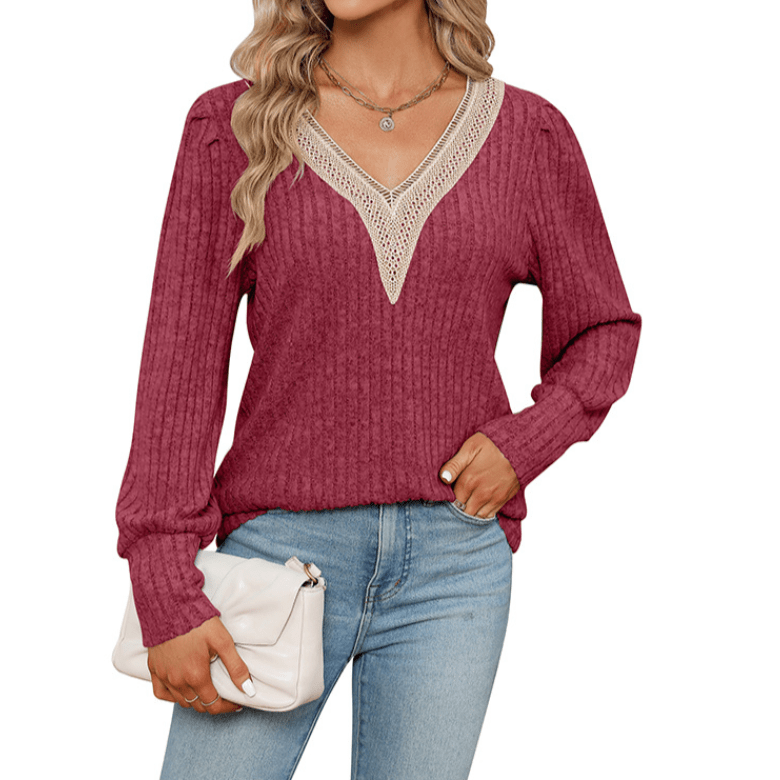 Lace Trimmed V-Neck Sweater Apparel prettychix DarkRed L 