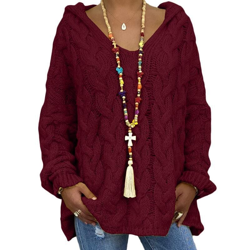 Loose Fit Knitted Hoodie Sweater Apparel prettychix Wine Red 3XL 