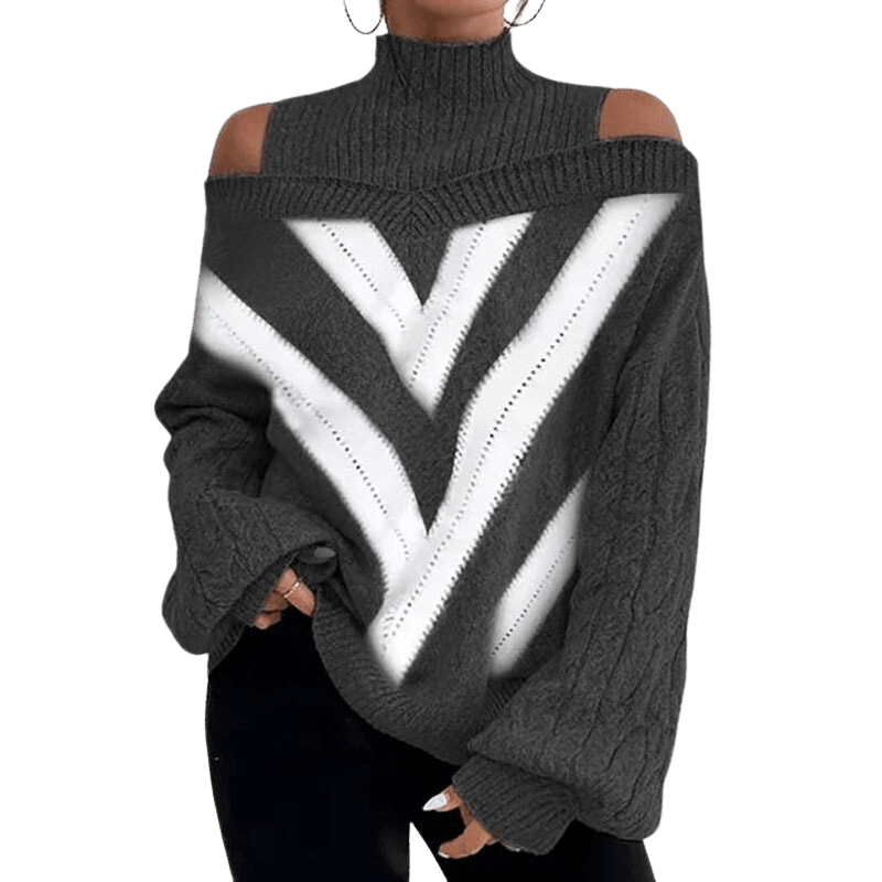 Mock Neck Cold Shoulder Sweater Apparel prettychix Black Pattern 2XL 