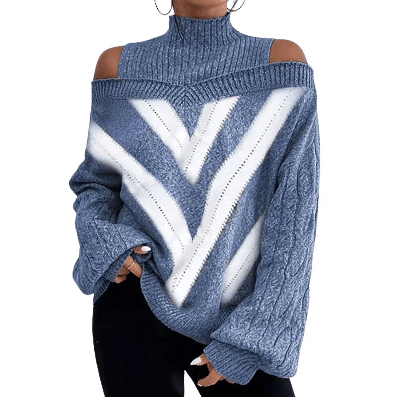 Mock Neck Cold Shoulder Sweater Apparel prettychix Blue Pattern 2XL 