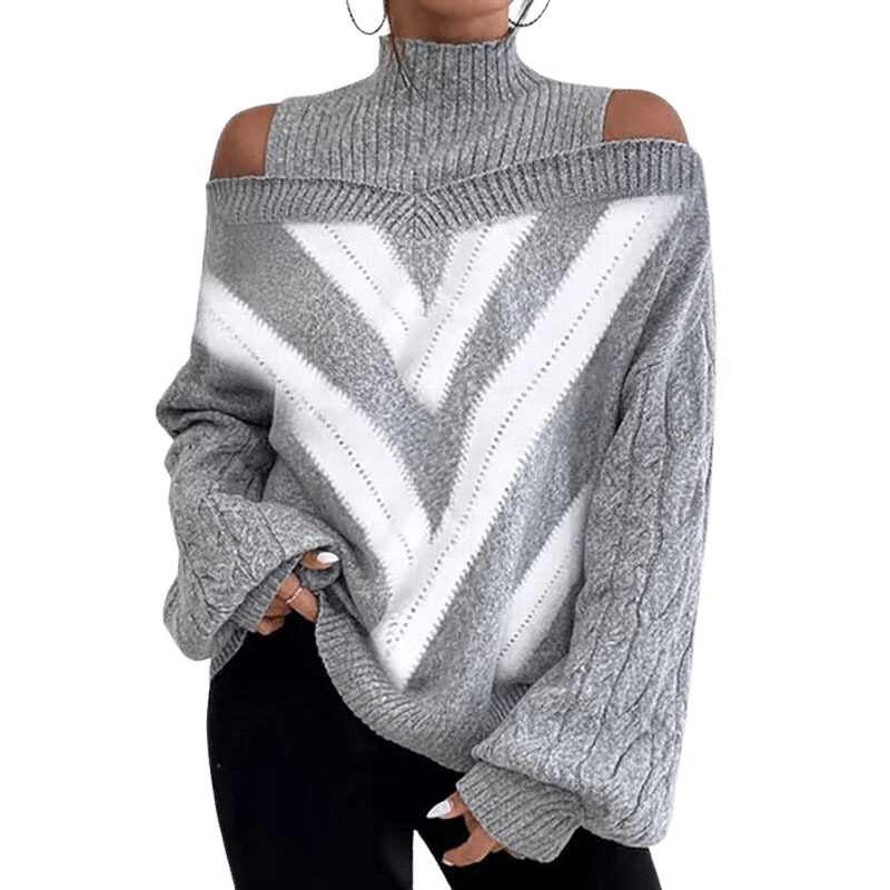 Mock Neck Cold Shoulder Sweater Apparel prettychix Gray Patterm 2XL 