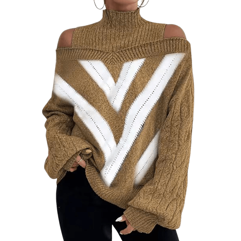 Mock Neck Cold Shoulder Sweater Apparel prettychix Khaki Pattern 2XL 