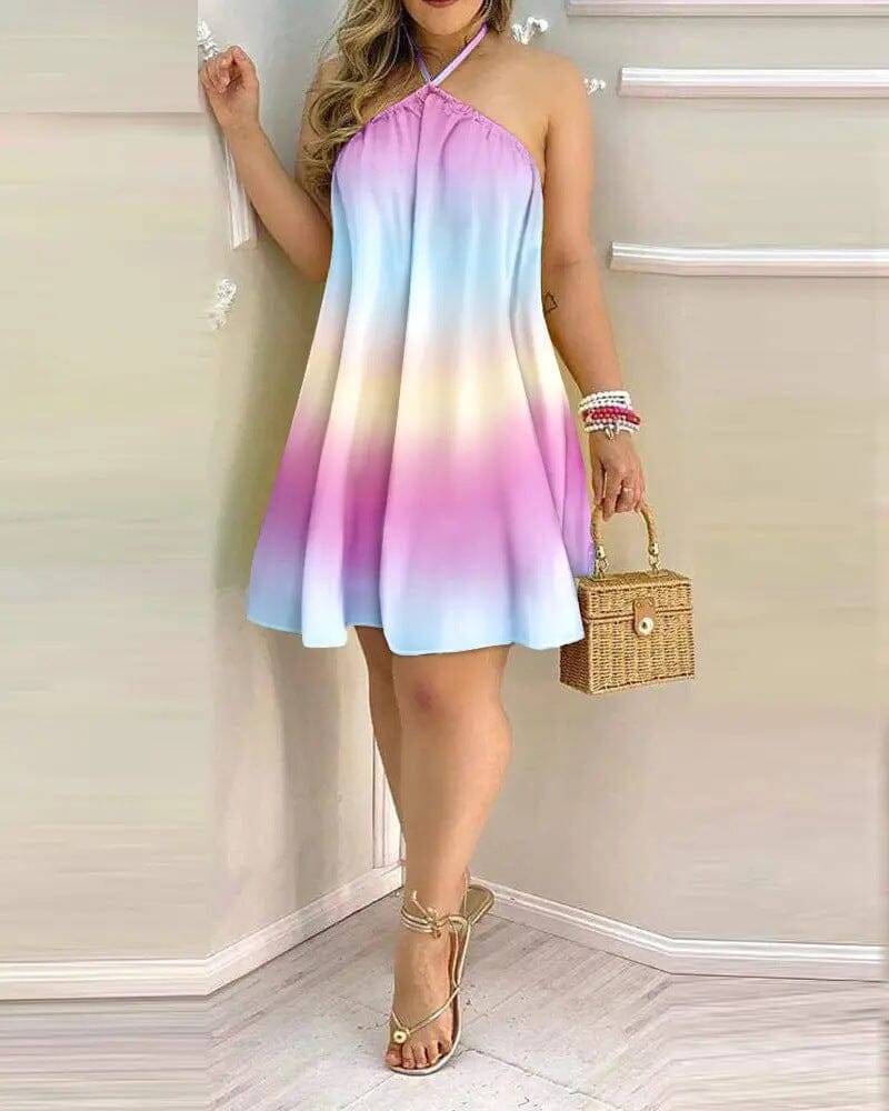 Pattern Print Mid-Skirt Halter Dress Apparel prettychix Rainbow color 2XL 