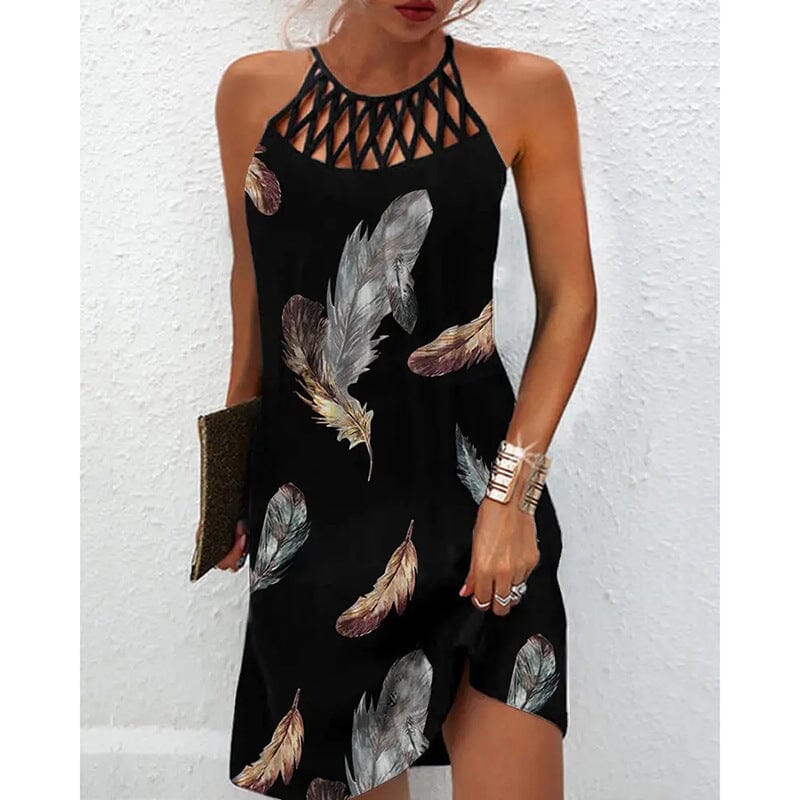 Pattern Print Net-Halter Dress Apparel prettychix Black feather 4XL 