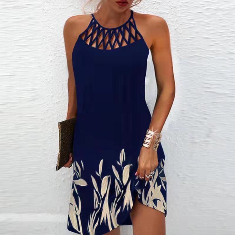 Pattern Print Net-Halter Dress Apparel prettychix Blue plant color 4XL 