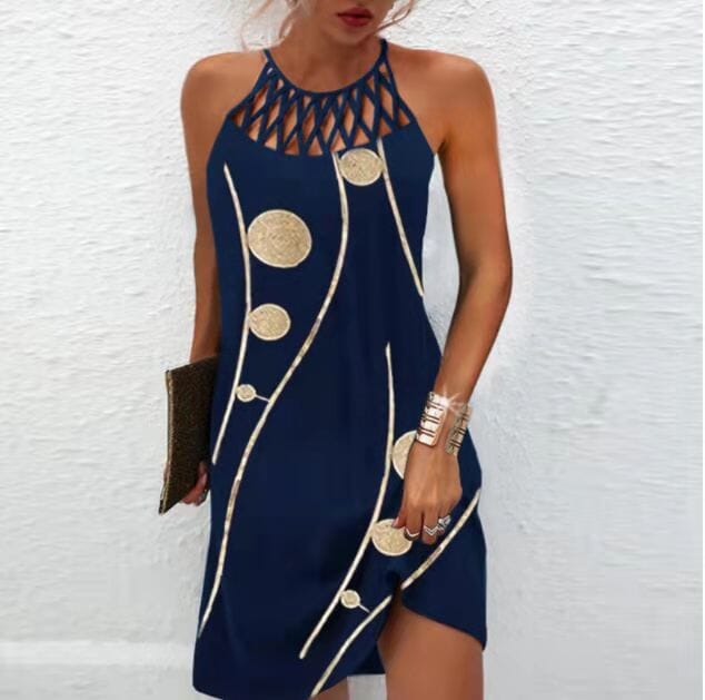 Pattern Print Net-Halter Dress Apparel prettychix Dark blue 4XL 