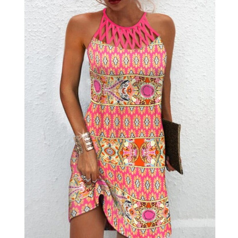 Pattern Print Net-Halter Dress Apparel prettychix Pink vintage print 4XL 