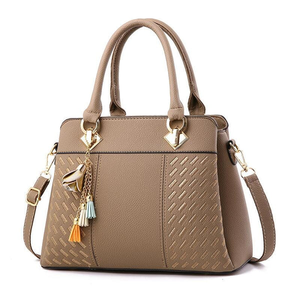 Patterned Handbag With Multi-Color Tassel prettychix Tan 