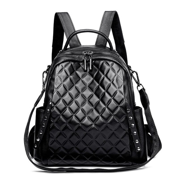 Quilted Pattern genuine leather Backpack Purse Purse prettychix Black 