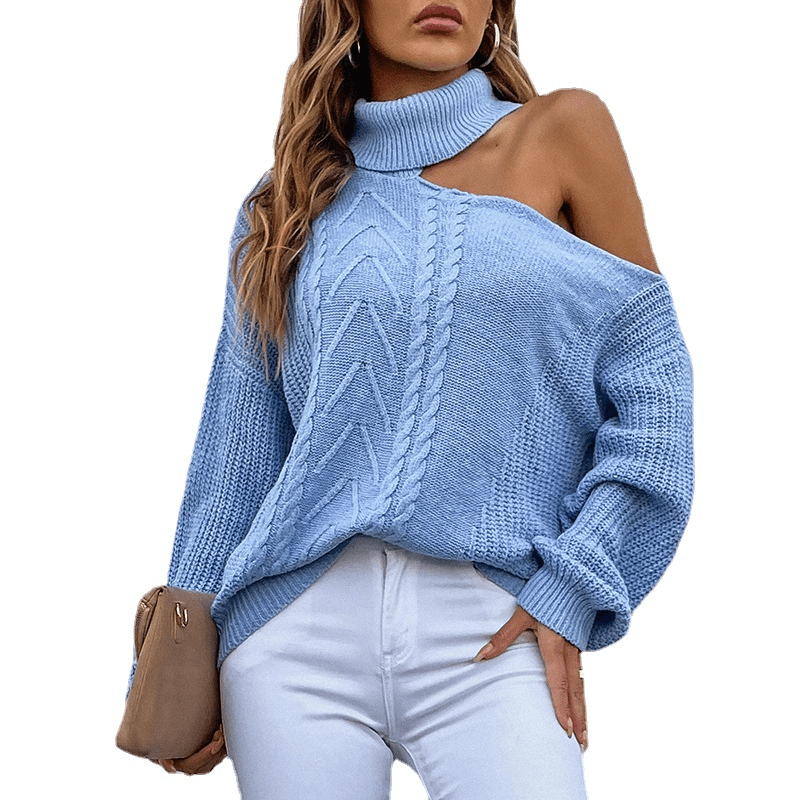 Shoulder Drop Turtleneck Sweater Apparel prettychix Blue L 