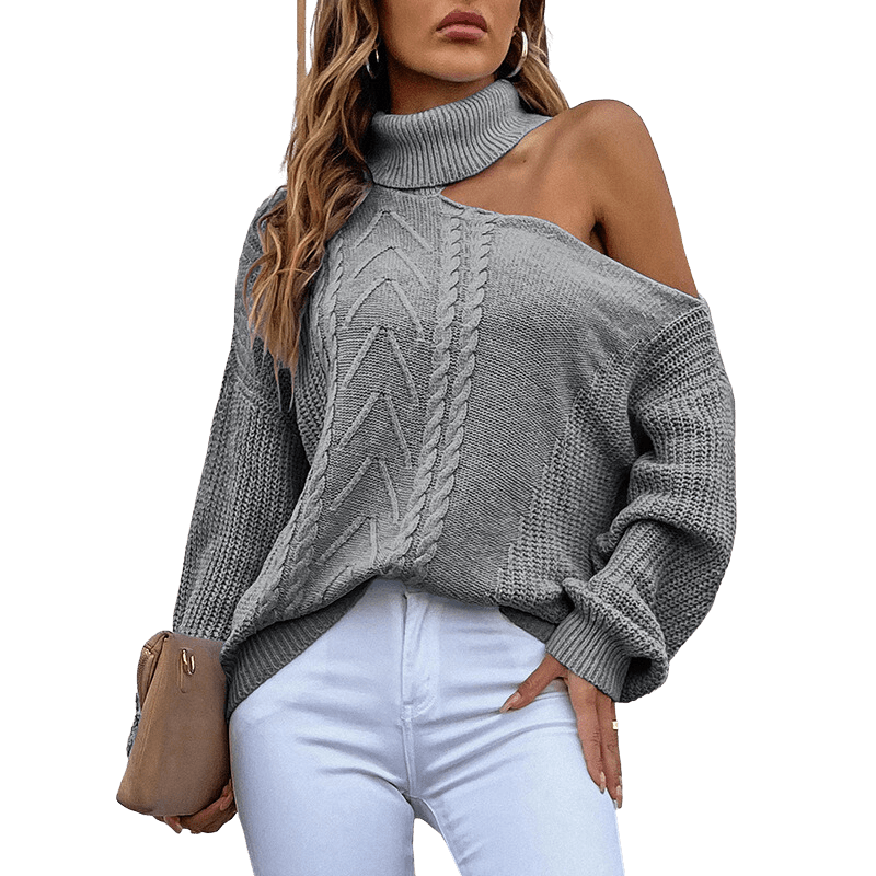 Shoulder Drop Turtleneck Sweater Apparel prettychix Grey L 