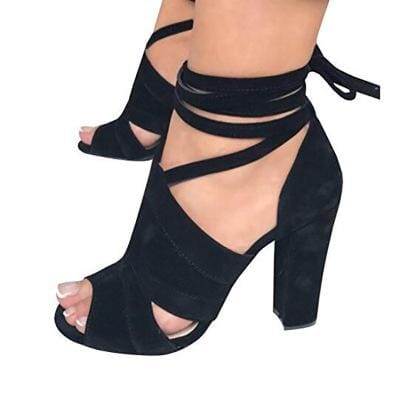Suede Ankle Strap-Up Thick Heel Sandals prettychix Black 5.5 