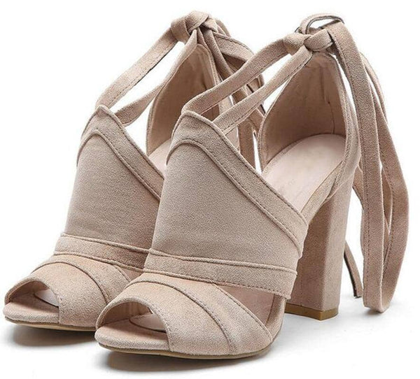 Suede Ankle Strap-Up Thick Heel Sandals prettychix Khaki 9.5 - 10 