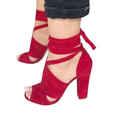 Suede Ankle Strap-Up Thick Heel Sandals prettychix Red 9.5 - 10 