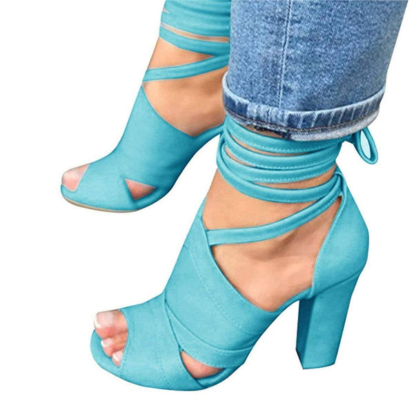 Suede Ankle Strap-Up Thick Heel Sandals prettychix SkyBlue 7.5 