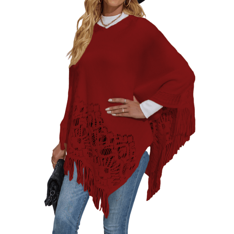 Women's Lace Tassel Shawl Sweater Apparel prettychix Red L 