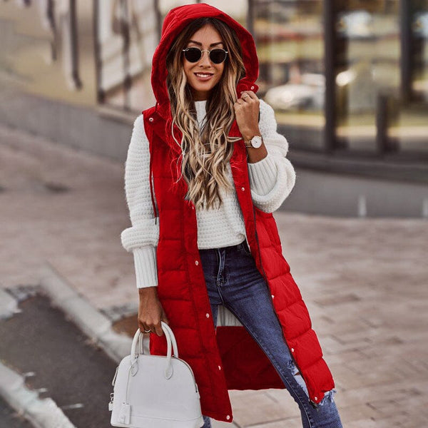 Women's Winter Long Hooded Vest Coat Apparel prettychix Red 2XL 