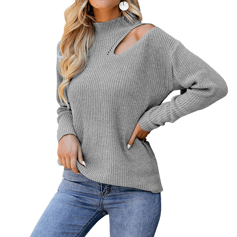 High Collar Shoulder Cutout Sweater Women Apparel prettychix 