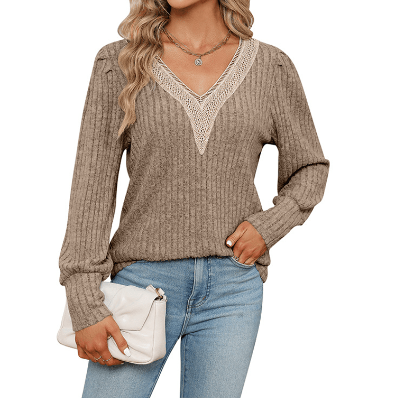 Lace Trimmed V-Neck Sweater Apparel prettychix Tan L 