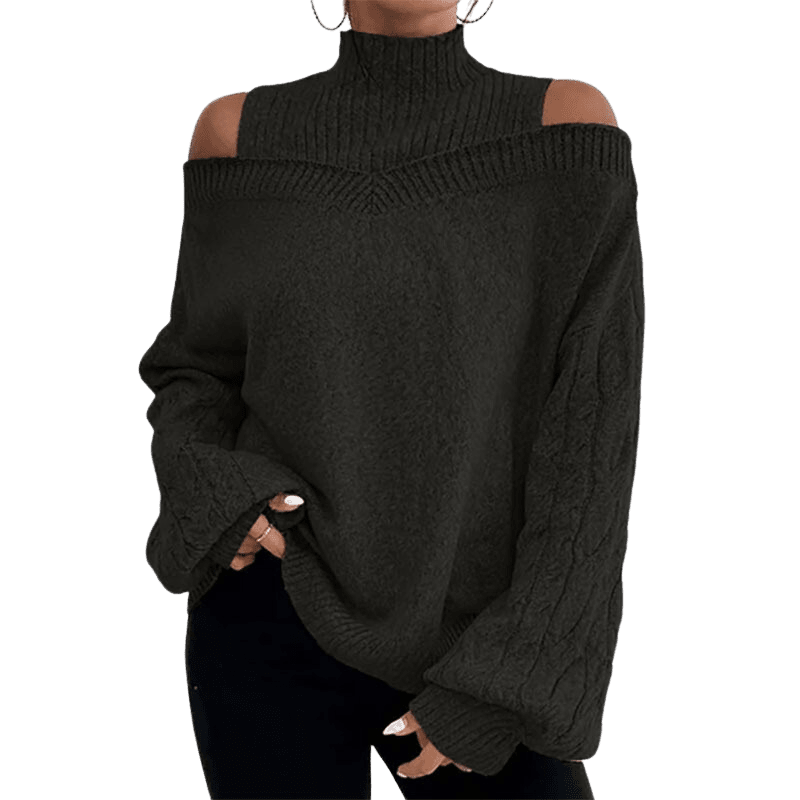 Mock Neck Cold Shoulder Sweater Apparel prettychix Black 2XL 