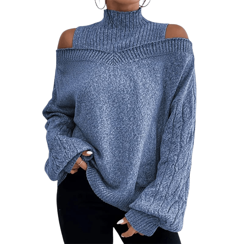 Mock Neck Cold Shoulder Sweater Apparel prettychix Blue 2XL 