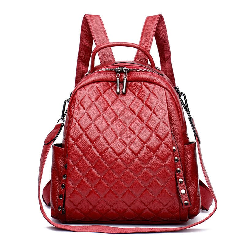 Quilted Pattern genuine leather Backpack Purse Purse prettychix DarkRed 