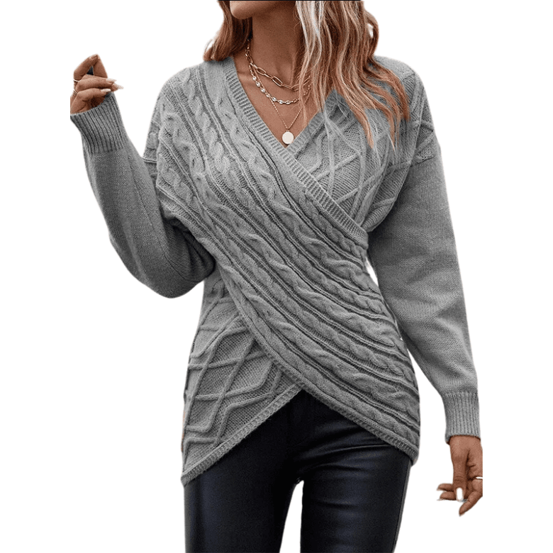 V-neck Crossbody Sweater Apparel prettychix LightGray L 