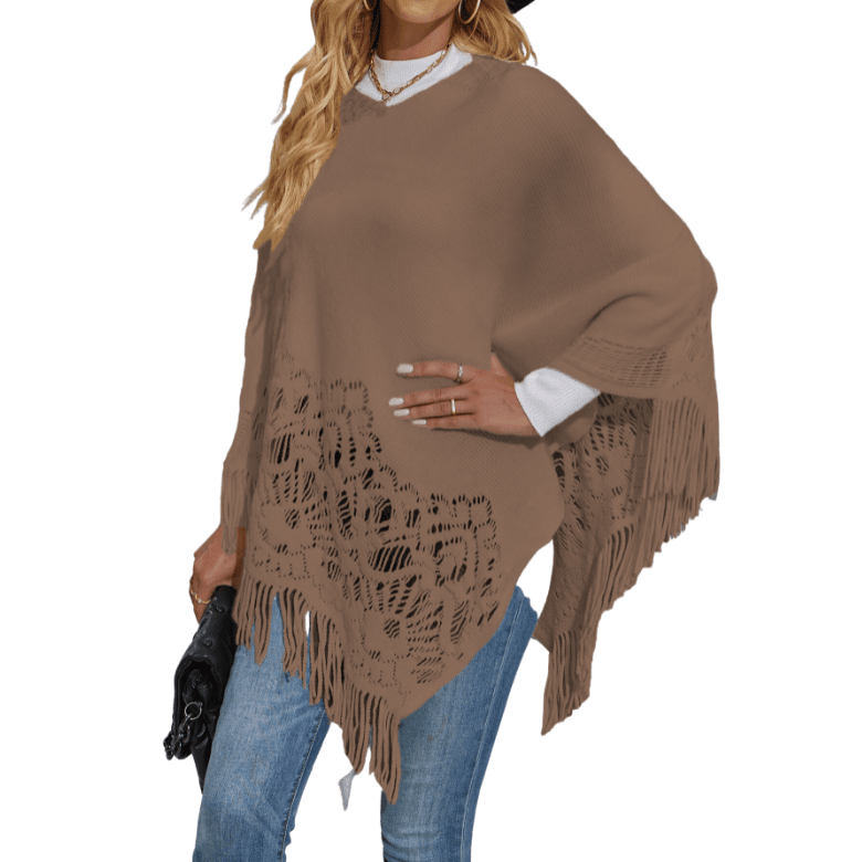 Women's Lace Tassel Shawl Sweater Apparel prettychix Tan L 